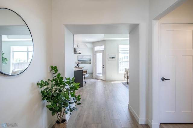 hall with a chandelier and light hardwood / wood-style flooring