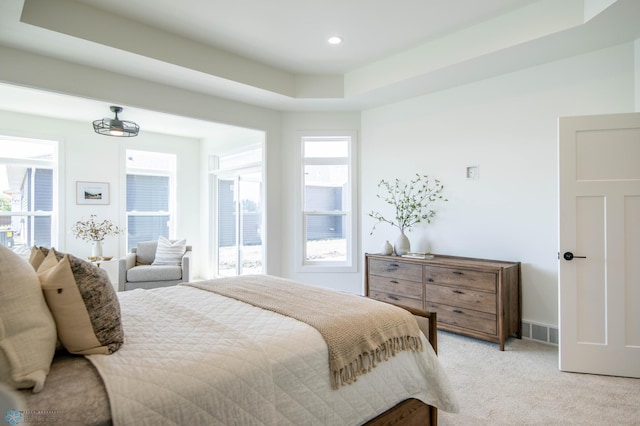 carpeted bedroom with a tray ceiling