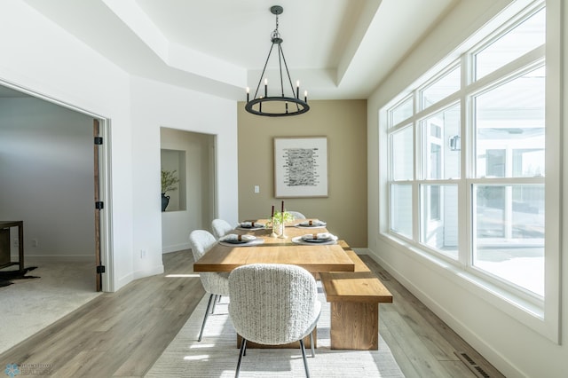 dining space with light wood-style floors, a raised ceiling, and a healthy amount of sunlight