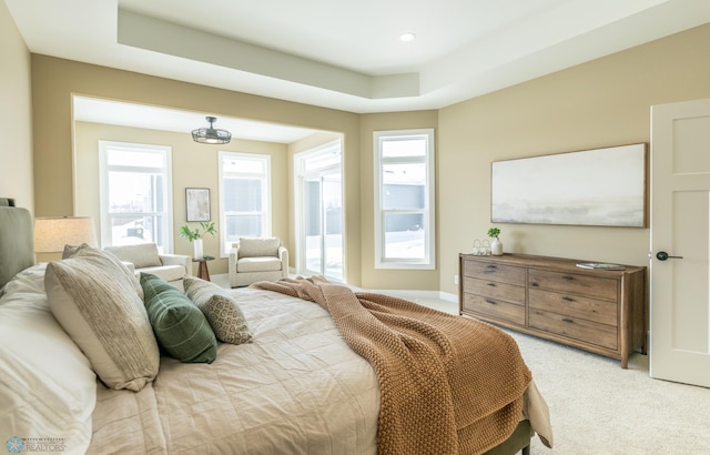 bedroom featuring a raised ceiling and light colored carpet