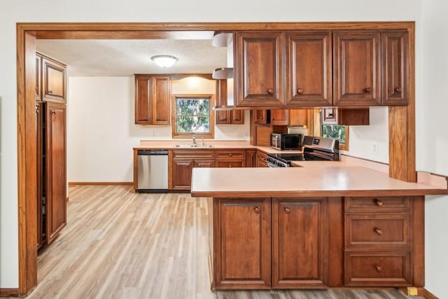 kitchen with stainless steel appliances, light hardwood / wood-style flooring, kitchen peninsula, and sink