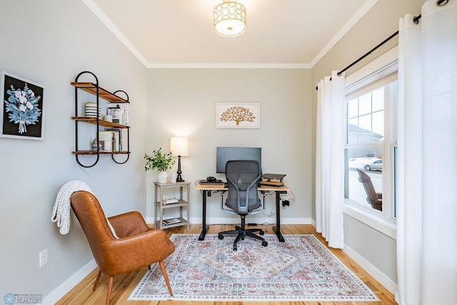 office space with crown molding and hardwood / wood-style flooring