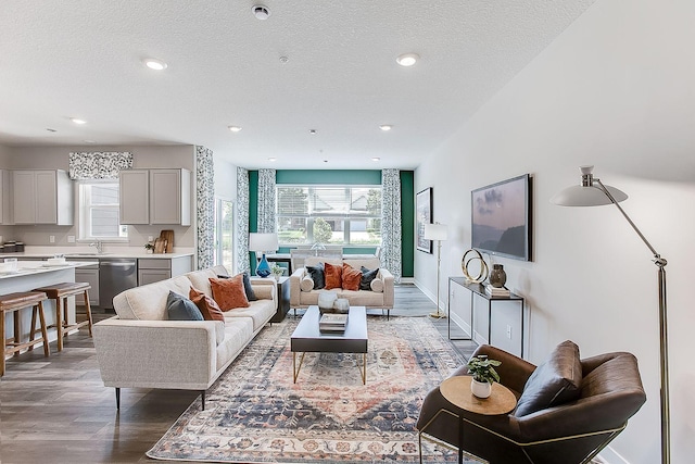 living area featuring a textured ceiling, baseboards, wood finished floors, and a healthy amount of sunlight