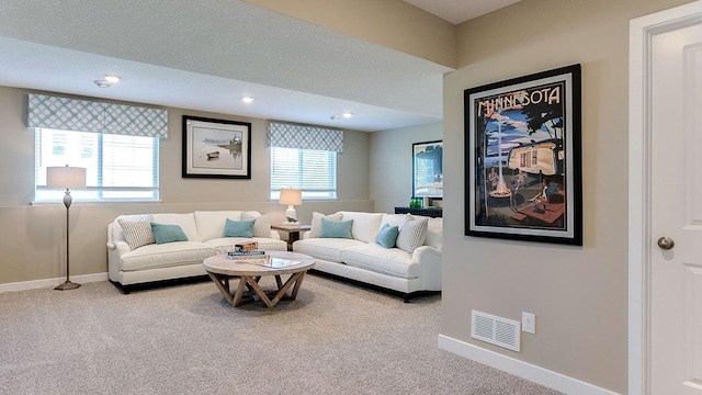 carpeted living room with a textured ceiling