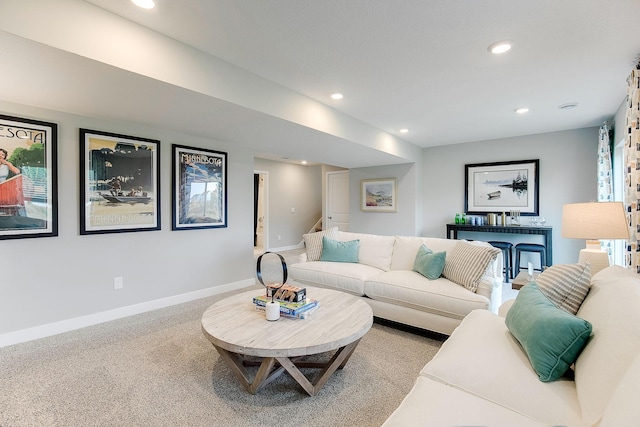 living room with light colored carpet