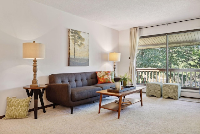 carpeted living room featuring a textured ceiling