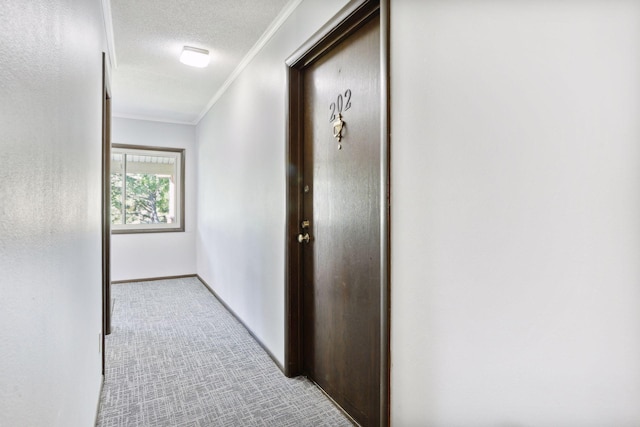 hall featuring a textured ceiling, light carpet, and ornamental molding