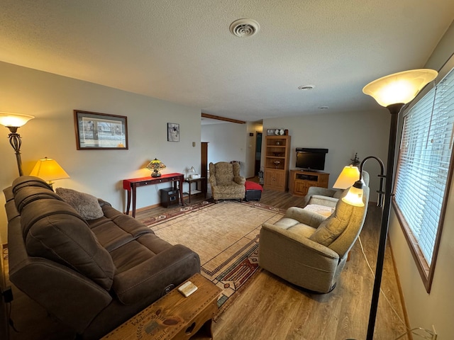 living room featuring wood-type flooring and a textured ceiling