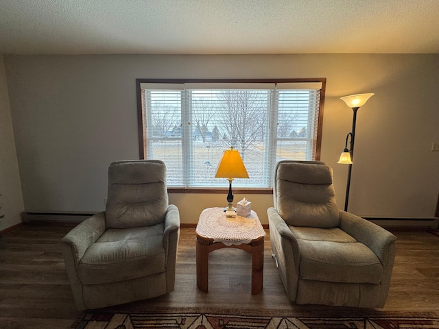 living area featuring a wealth of natural light, a textured ceiling, and hardwood / wood-style floors