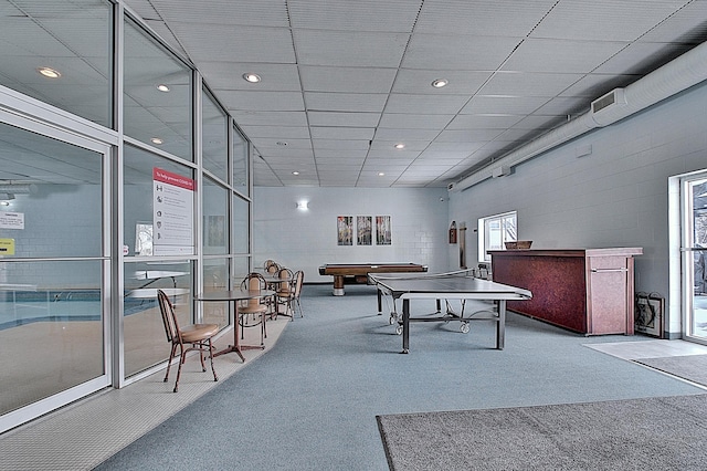 recreation room with pool table and carpet floors