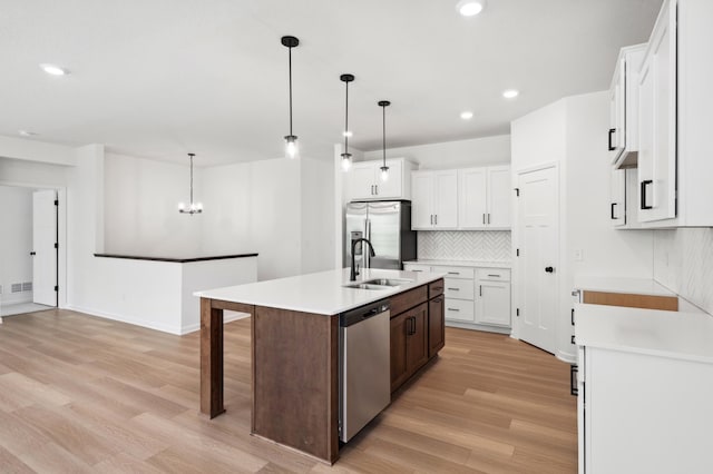 kitchen featuring pendant lighting, white cabinets, appliances with stainless steel finishes, an island with sink, and decorative backsplash