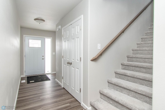 foyer entrance with hardwood / wood-style flooring