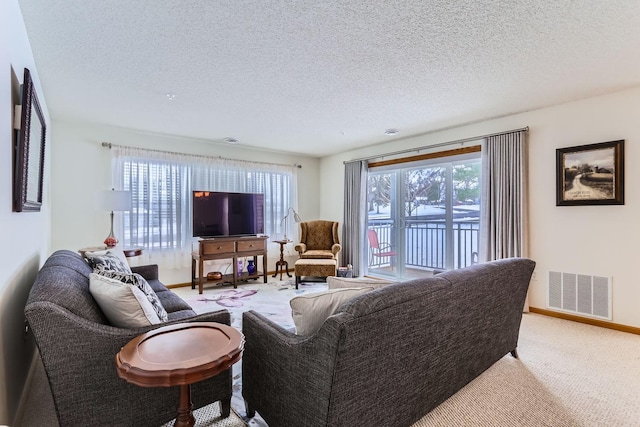 carpeted living room with a textured ceiling