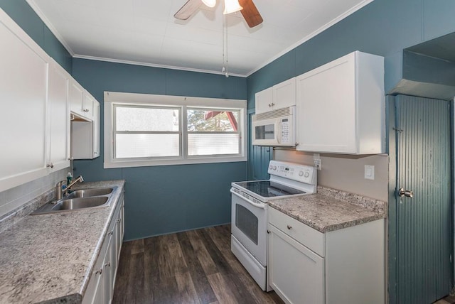 kitchen featuring white appliances, dark wood-style flooring, crown molding, white cabinetry, and a sink