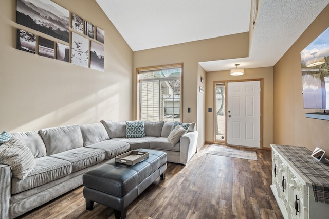 living room with lofted ceiling and dark hardwood / wood-style floors