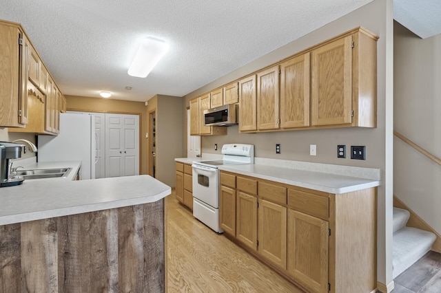 kitchen featuring sink, light hardwood / wood-style flooring, electric range, a textured ceiling, and light brown cabinetry