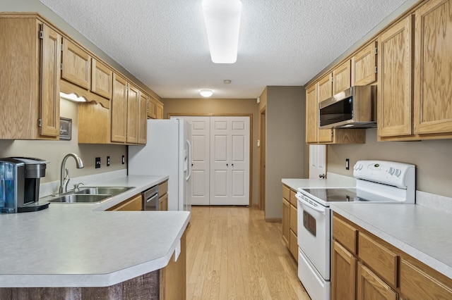 kitchen with sink, light hardwood / wood-style flooring, stainless steel appliances, and a textured ceiling