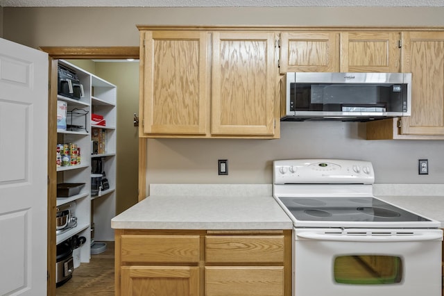 kitchen featuring white range with electric cooktop and light brown cabinetry