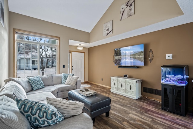 living room with high vaulted ceiling and dark hardwood / wood-style flooring