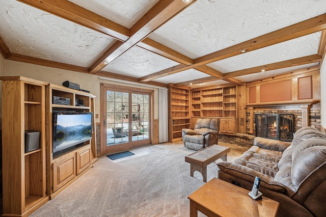 living room with coffered ceiling, light carpet, a textured ceiling, beamed ceiling, and a fireplace