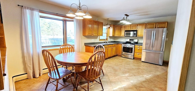 kitchen with stainless steel appliances, decorative light fixtures, a chandelier, and sink