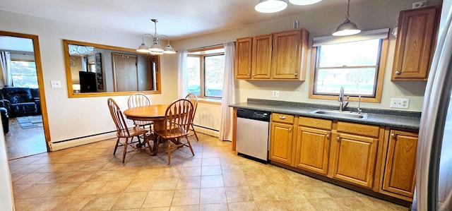 kitchen with dishwasher, sink, hanging light fixtures, baseboard heating, and an inviting chandelier