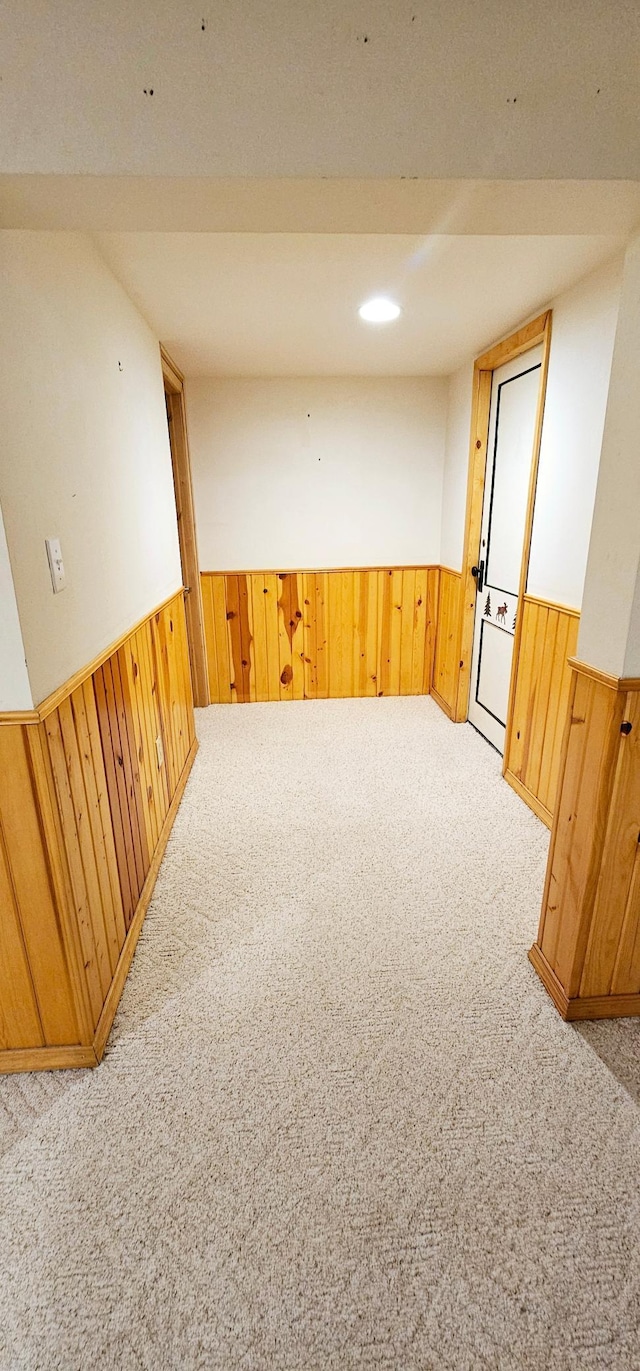 spare room featuring carpet, wood walls, and wainscoting