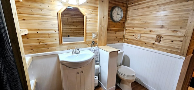 bathroom featuring toilet, a bathing tub, wooden walls, and vanity