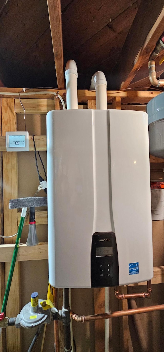 utility room with tankless water heater