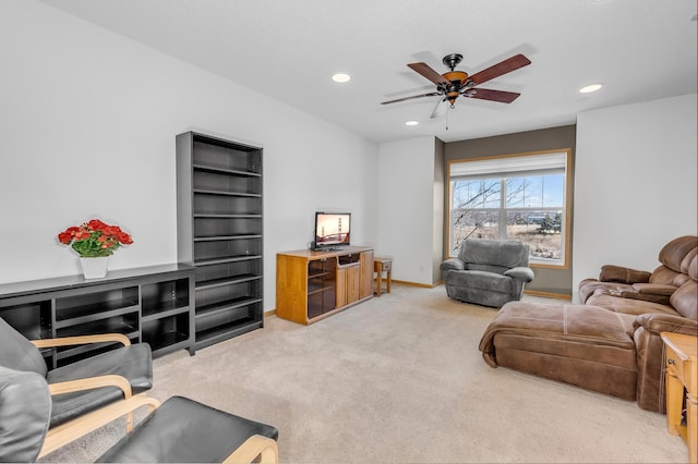 living room featuring ceiling fan, recessed lighting, carpet, and baseboards