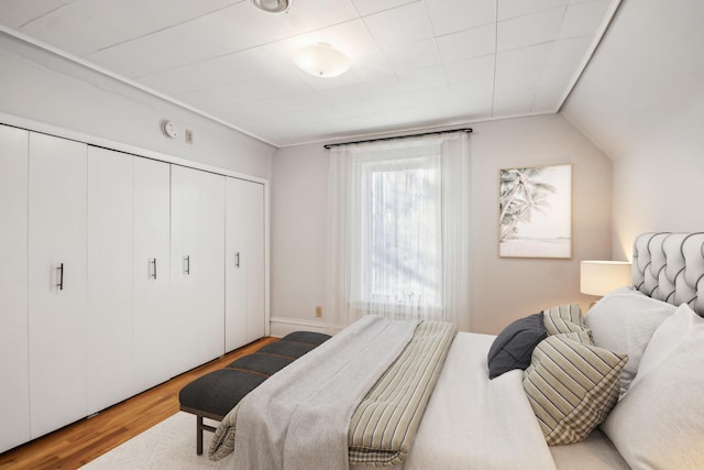 bedroom with hardwood / wood-style flooring, vaulted ceiling, and a closet