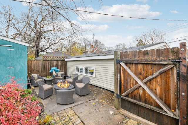 view of patio / terrace featuring a fire pit