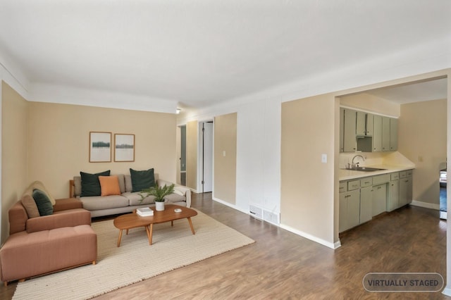 living room featuring dark wood-type flooring and sink