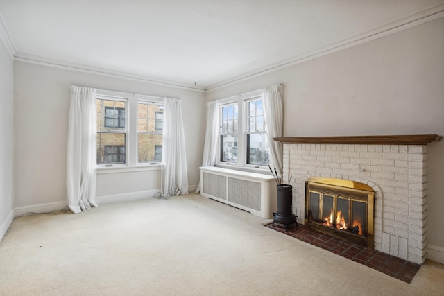 unfurnished living room with dark carpet, radiator, crown molding, and a fireplace