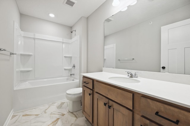 full bathroom with vanity, toilet, and bathing tub / shower combination