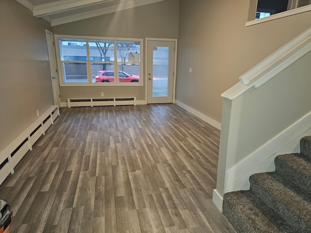 living room with crown molding, vaulted ceiling with beams, dark wood-type flooring, and a baseboard heating unit