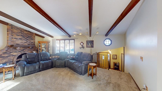 carpeted living area with vaulted ceiling with beams