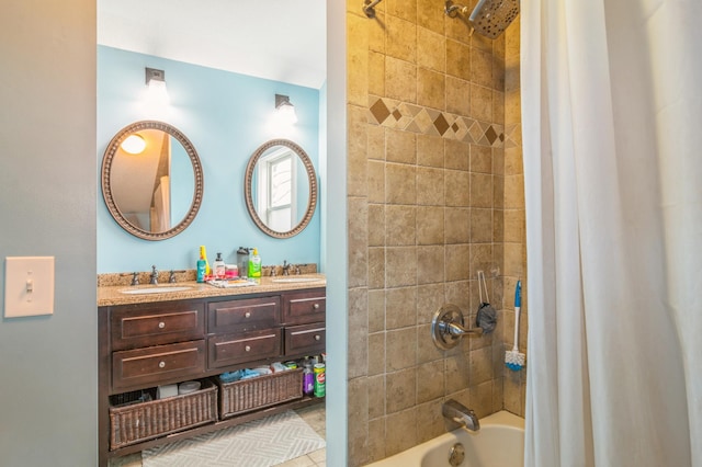 bathroom with vanity and shower / bathtub combination with curtain