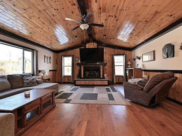 living room with wooden ceiling, wooden walls, hardwood / wood-style flooring, and plenty of natural light