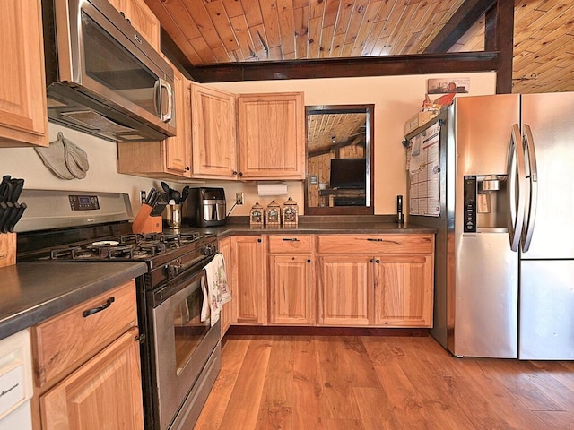 kitchen featuring dark countertops, light brown cabinets, wood ceiling, light wood-style flooring, and stainless steel appliances