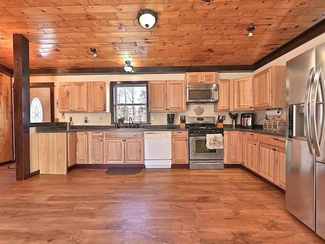 kitchen featuring wooden ceiling, dark wood-style floors, and stainless steel appliances