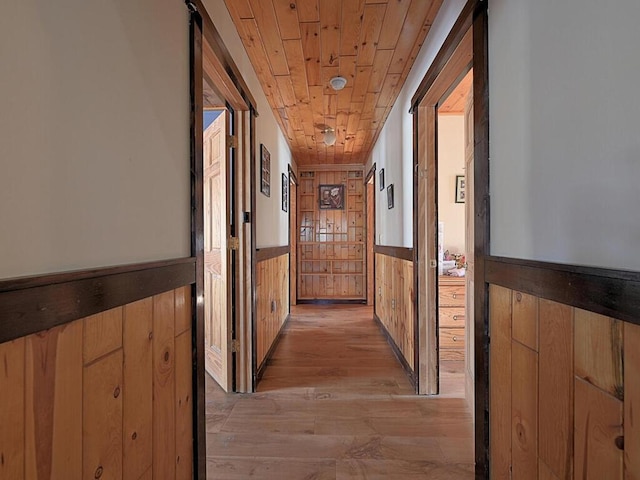 hall featuring wooden ceiling, a wainscoted wall, wood walls, and light wood-type flooring