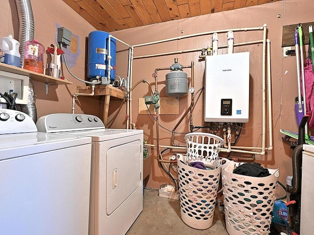 laundry room with tankless water heater, separate washer and dryer, wooden ceiling, and laundry area