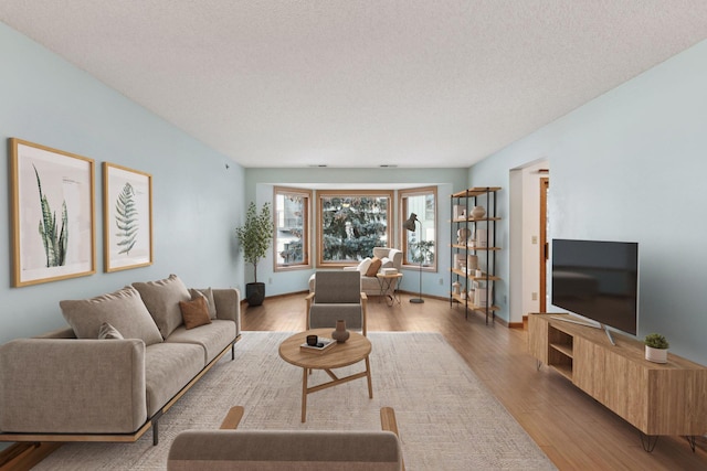 living room with light hardwood / wood-style floors and a textured ceiling