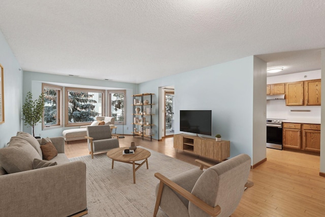 living room featuring a textured ceiling and light wood-style floors