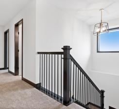 stairs with a chandelier and carpet