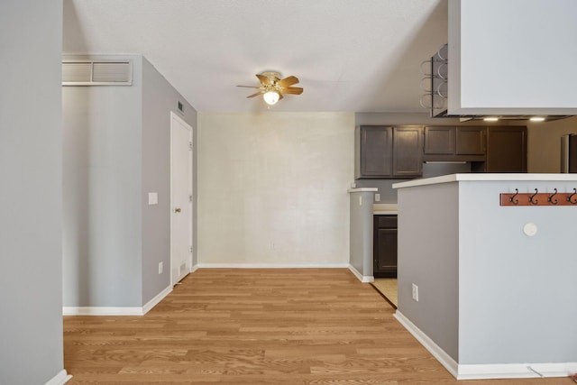 kitchen featuring ceiling fan, a textured ceiling, dark brown cabinets, and light wood-type flooring