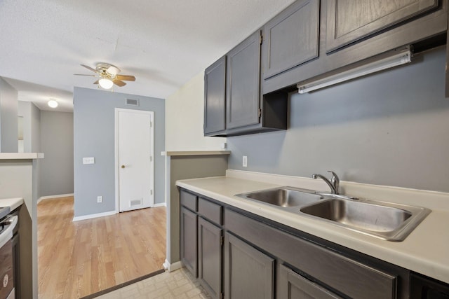 kitchen featuring ceiling fan, sink, a textured ceiling, and light hardwood / wood-style flooring