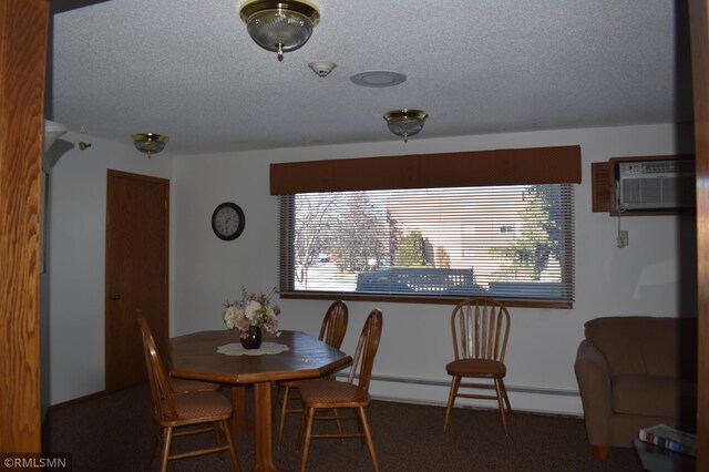 carpeted dining space featuring baseboard heating and a wall unit AC