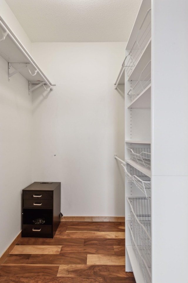 spacious closet with dark hardwood / wood-style flooring